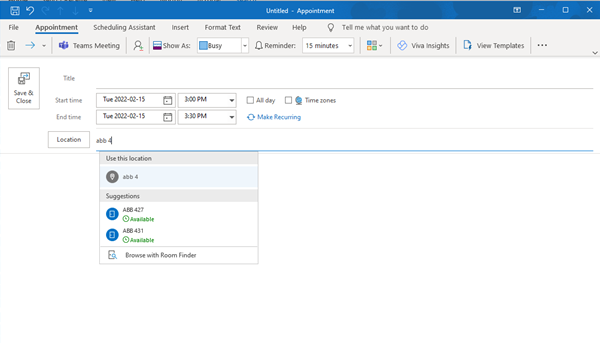 screenshot of outlook appointment, how to book the meeting rooms