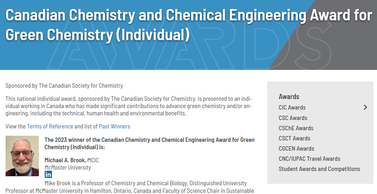 screenshot of website for Canadian Chemistry and Chemical Engineering Award for Green Chemistry