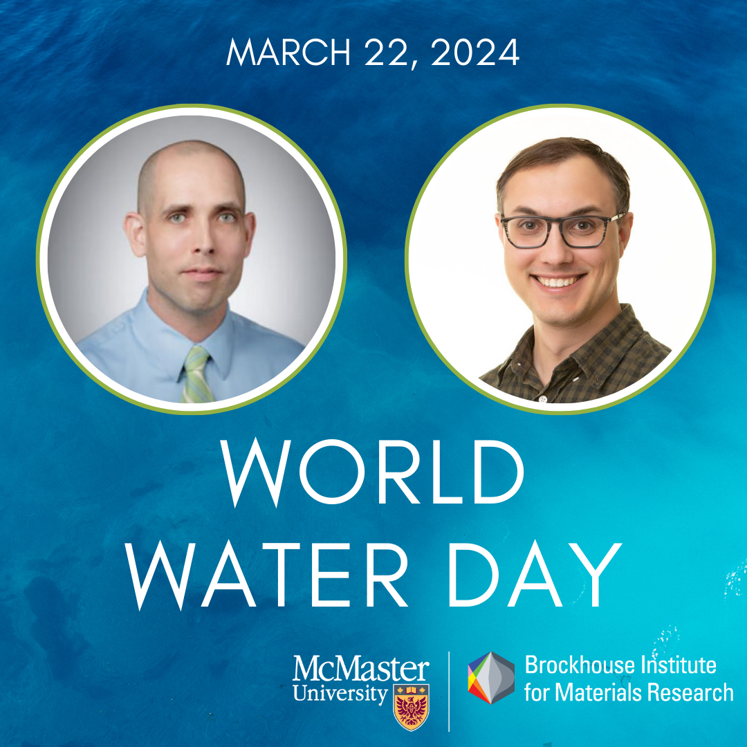 portrait of two male researchers, on a background of blue water with the title "World Water Day 2024"