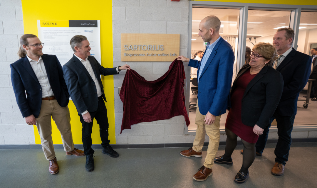 From left: Researcher Brandon Corbett; lead data scientist Chris McCready from Sartorius; chemical engineering professor David Latulippe; Heather Sheardown, dean of the Faculty of Engineering; and Vice-President (Research) Andy Knights unveil the new Sartorius Bioprocess Automation Lab.